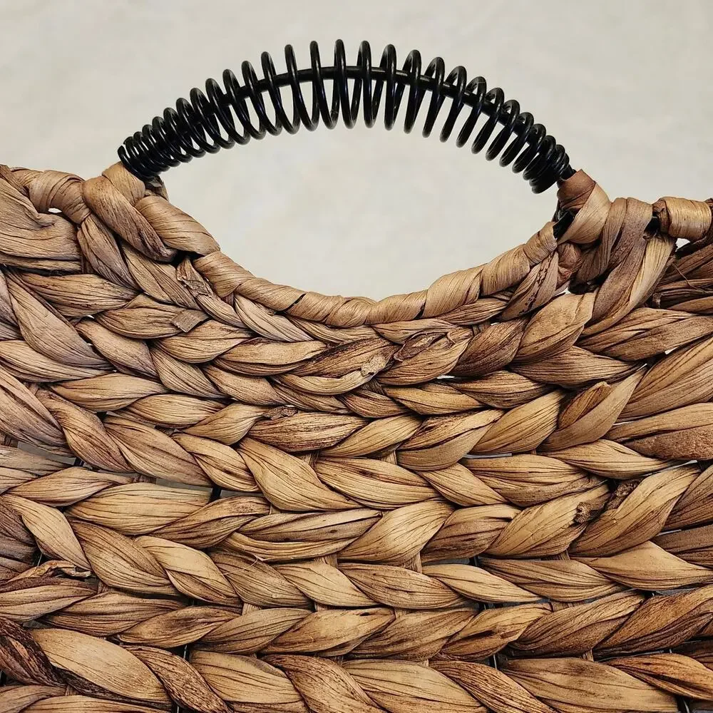 Hand Woven Water Hyacinth Serving Basket/ Rustic Black Coil Handles 17×11.5
